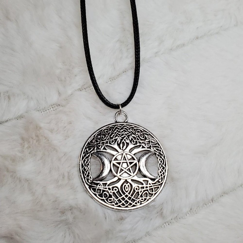 Celtic tree of life and pentagram crescent moon pendant necklace.
